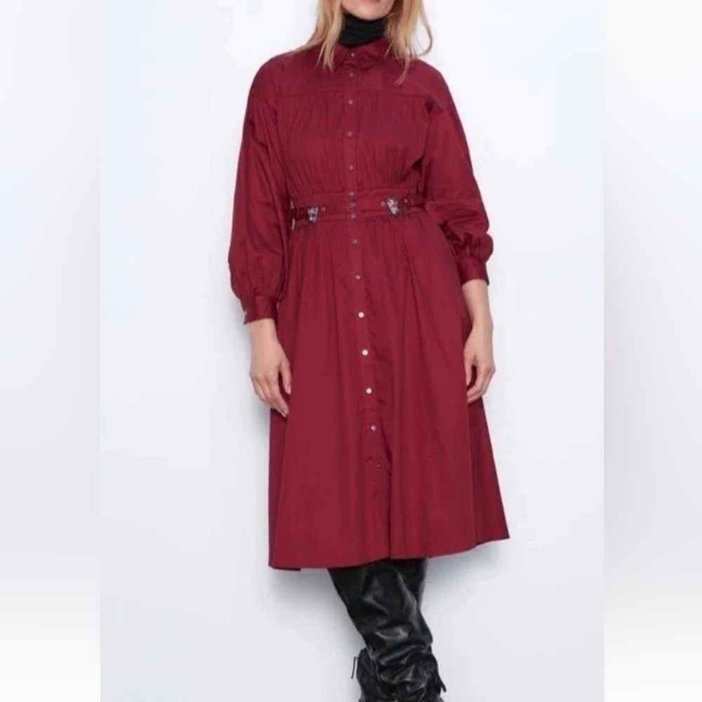 ZARA western inspired 100% cotton oxblood red MIDI SHIRT DRESS in Size M COWGIRL